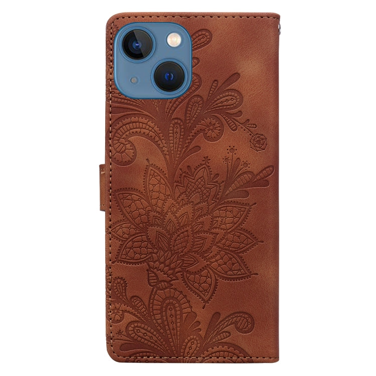 For iPhone 15 Lace Floral Embossed Magnetic Buckle PU Phone Case With Wrist Strap