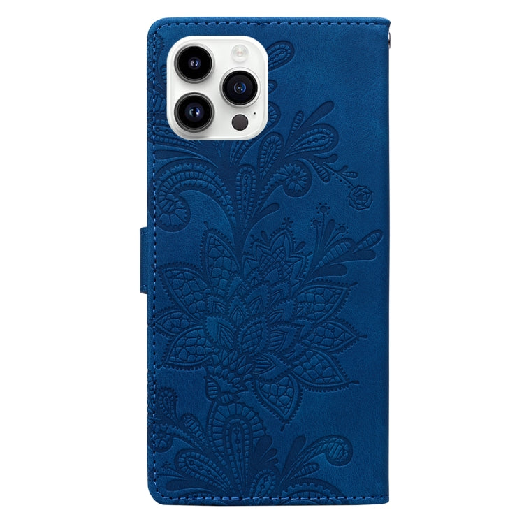For iPhone 15 Pro Lace Floral Embossed Magnetic Buckle PU Phone Case With Wrist Strap