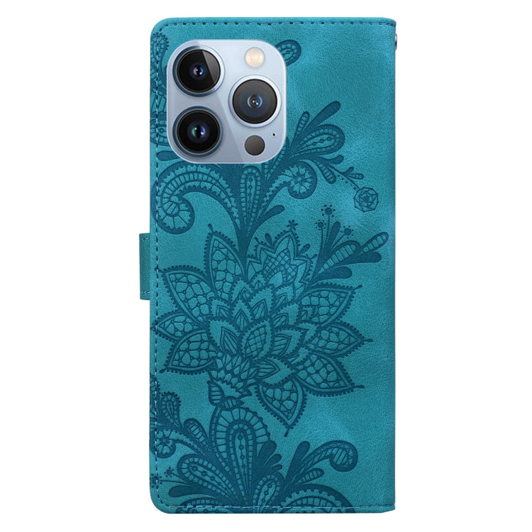 For iPhone 15 Pro Max Lace Floral Embossed Magnetic Buckle PU Phone Case With Wrist Strap