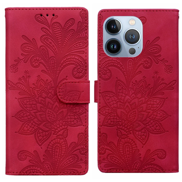 For iPhone 15 Pro Max Lace Floral Embossed Magnetic Buckle PU Phone Case With Wrist Strap