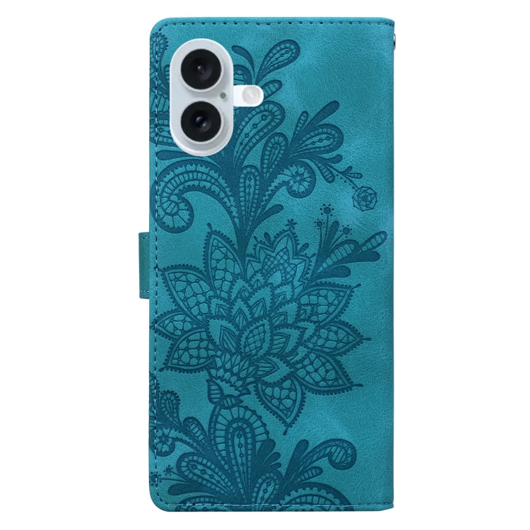 For iPhone 16 Lace Floral Embossed Magnetic Buckle PU Phone Case With Wrist Strap