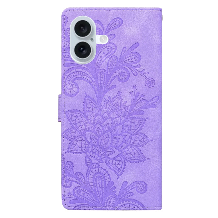 For iPhone 16 Lace Floral Embossed Magnetic Buckle PU Phone Case With Wrist Strap