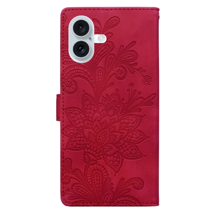 For iPhone 16 Lace Floral Embossed Magnetic Buckle PU Phone Case With Wrist Strap