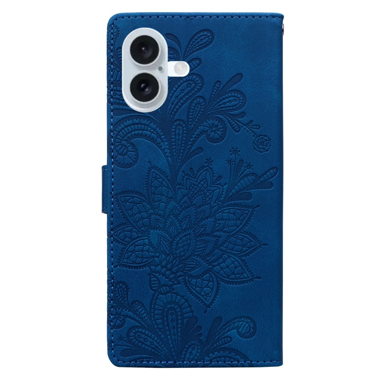 For iPhone 16 Plus Lace Floral Embossed Magnetic Buckle PU Phone Case With Wrist Strap