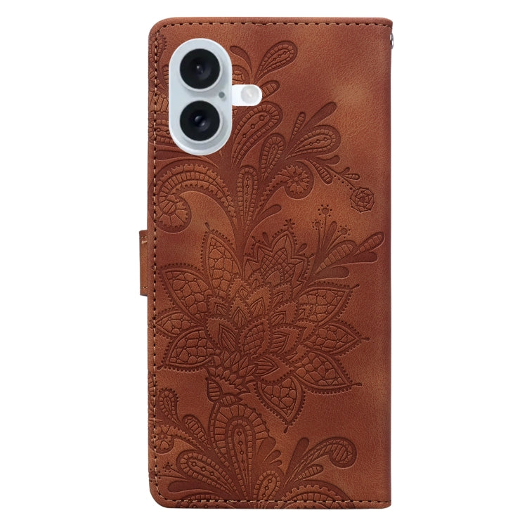 For iPhone 16 Plus Lace Floral Embossed Magnetic Buckle PU Phone Case With Wrist Strap