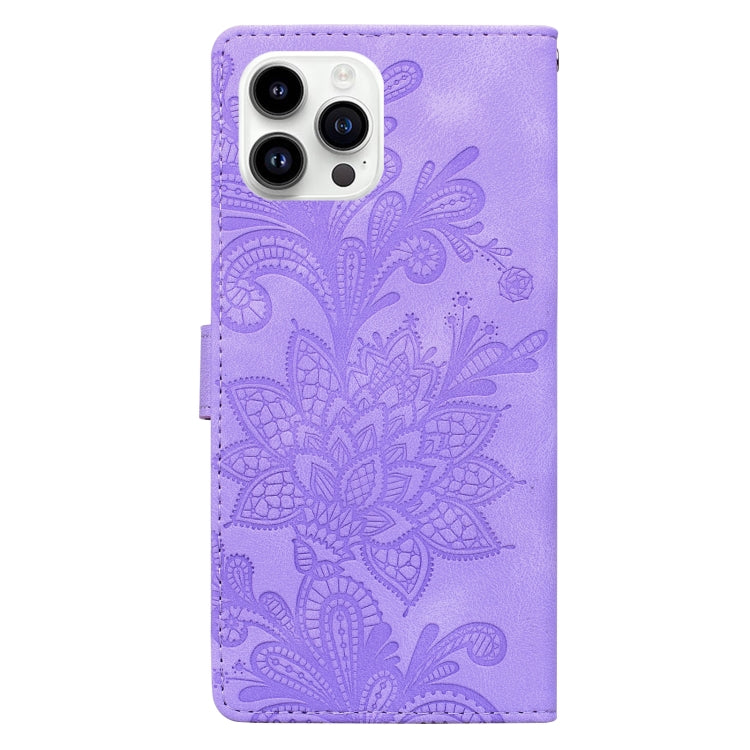 For iPhone 16 Pro Lace Floral Embossed Magnetic Buckle PU Phone Case With Wrist Strap