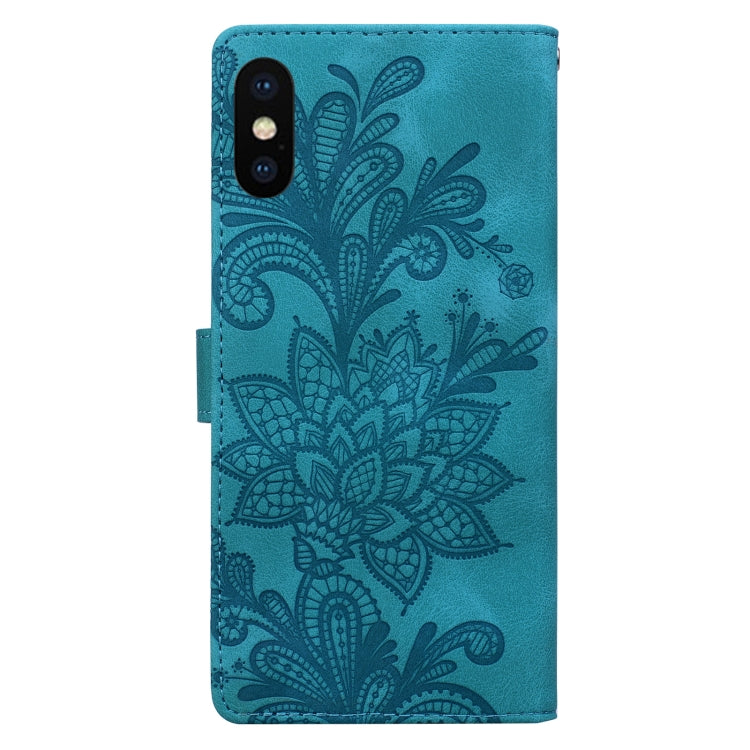 For iPhone X / XS Lace Floral Embossed Magnetic Buckle PU Phone Case With Wrist Strap