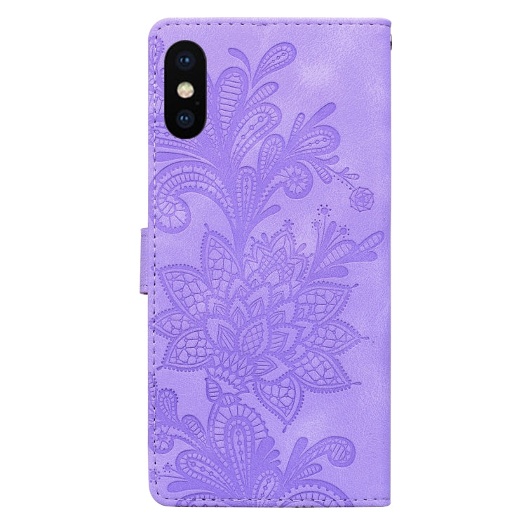 For iPhone X / XS Lace Floral Embossed Magnetic Buckle PU Phone Case With Wrist Strap