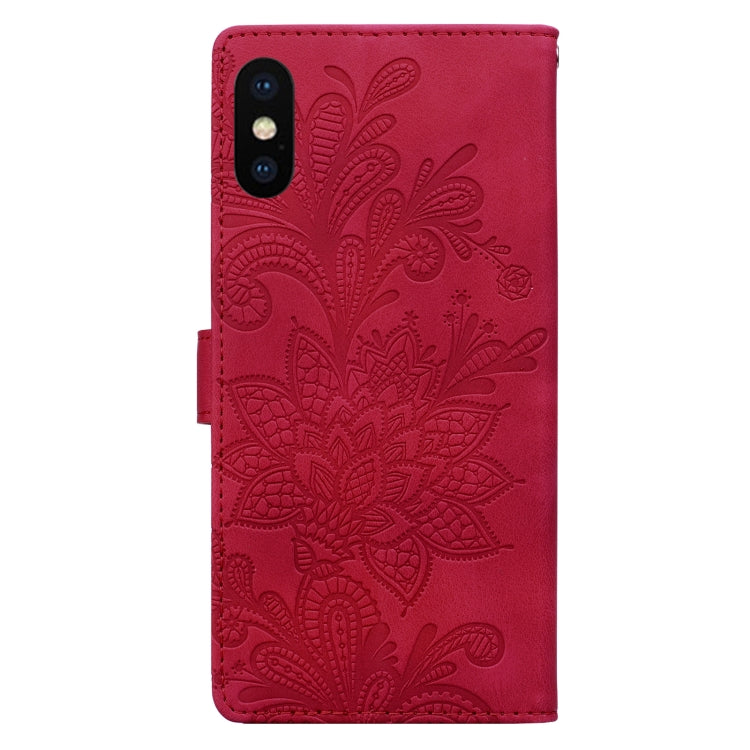 For iPhone X / XS Lace Floral Embossed Magnetic Buckle PU Phone Case With Wrist Strap