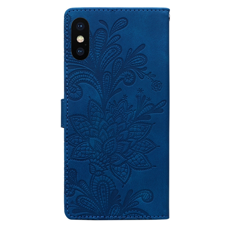For iPhone X / XS Lace Floral Embossed Magnetic Buckle PU Phone Case With Wrist Strap