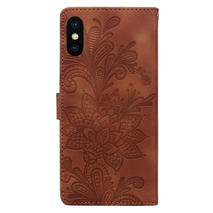 For iPhone X / XS Lace Floral Embossed Magnetic Buckle PU Phone Case With Wrist Strap