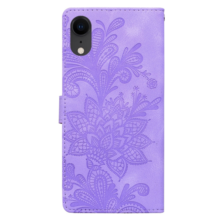 For iPhone XR Lace Floral Embossed Magnetic Buckle PU Phone Case With Wrist Strap