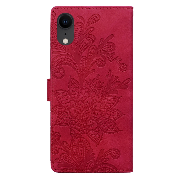 For iPhone XR Lace Floral Embossed Magnetic Buckle PU Phone Case With Wrist Strap