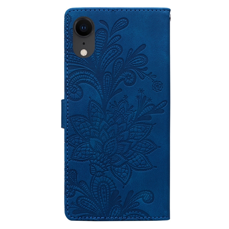 For iPhone XR Lace Floral Embossed Magnetic Buckle PU Phone Case With Wrist Strap