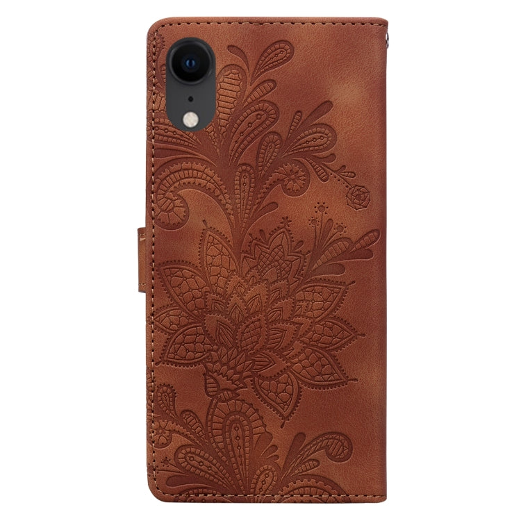 For iPhone XR Lace Floral Embossed Magnetic Buckle PU Phone Case With Wrist Strap