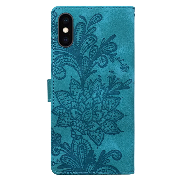 For iPhone XS Max Lace Floral Embossed Magnetic Buckle PU Phone Case With Wrist Strap