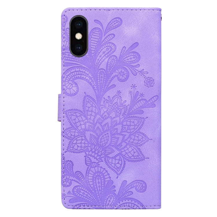 For iPhone XS Max Lace Floral Embossed Magnetic Buckle PU Phone Case With Wrist Strap