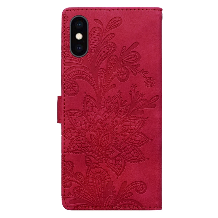 For iPhone XS Max Lace Floral Embossed Magnetic Buckle PU Phone Case With Wrist Strap