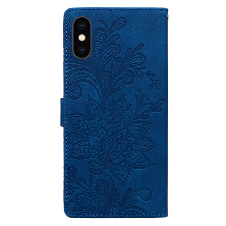 For iPhone XS Max Lace Floral Embossed Magnetic Buckle PU Phone Case With Wrist Strap