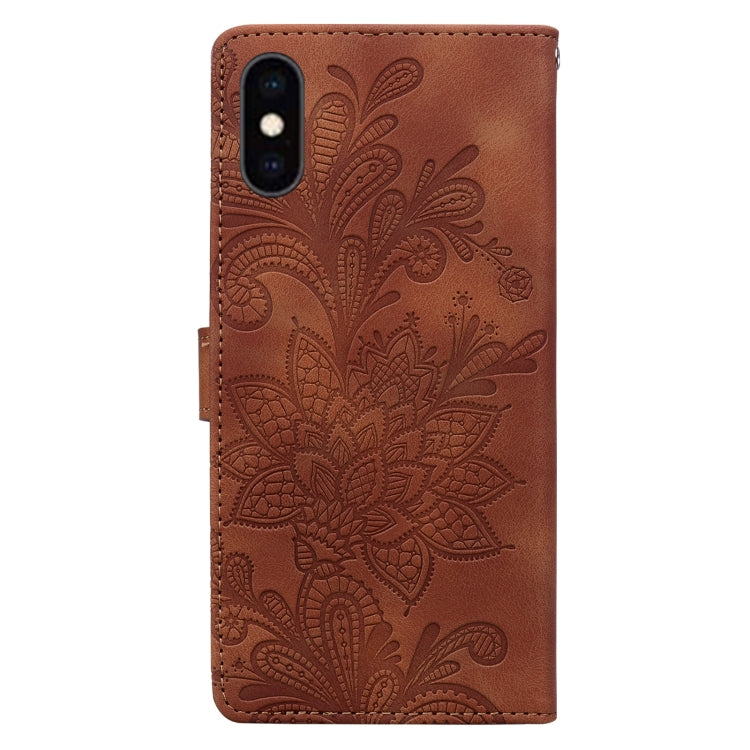 For iPhone XS Max Lace Floral Embossed Magnetic Buckle PU Phone Case With Wrist Strap