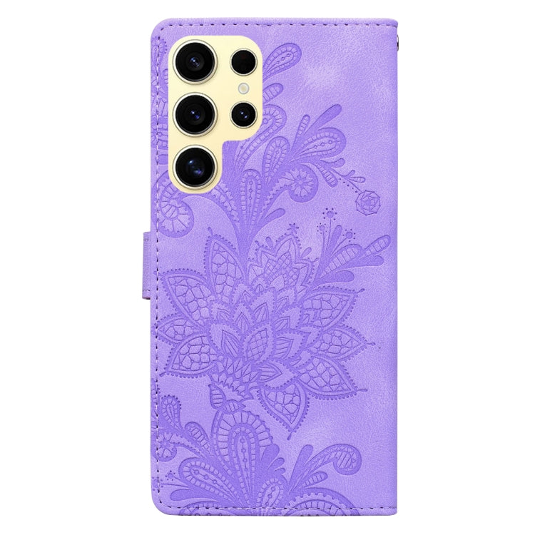 For Samsung Galaxy S25 Ultra 5G Lace Floral Embossed Magnetic Buckle PU Phone Case With Wrist Strap