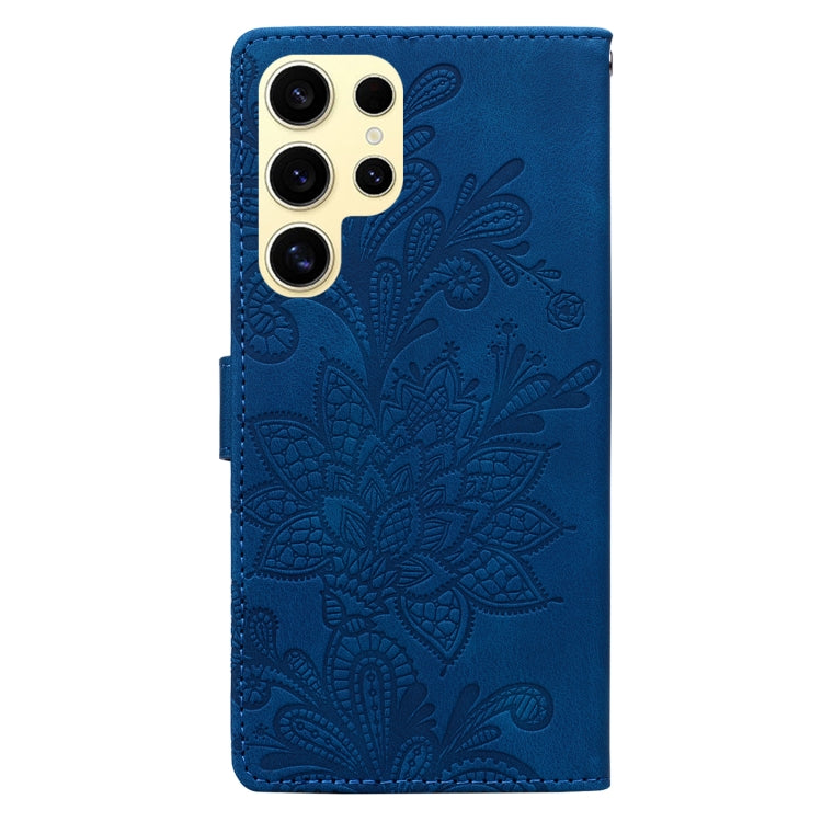 For Samsung Galaxy S25 Ultra 5G Lace Floral Embossed Magnetic Buckle PU Phone Case With Wrist Strap