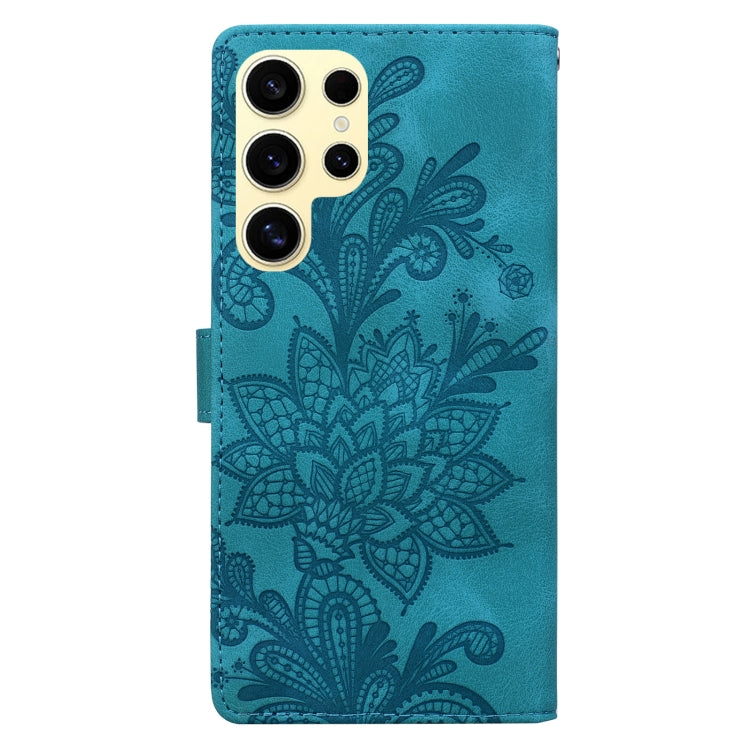 For Samsung Galaxy S24 Ultra 5G Lace Floral Embossed Magnetic Buckle PU Phone Case With Wrist Strap