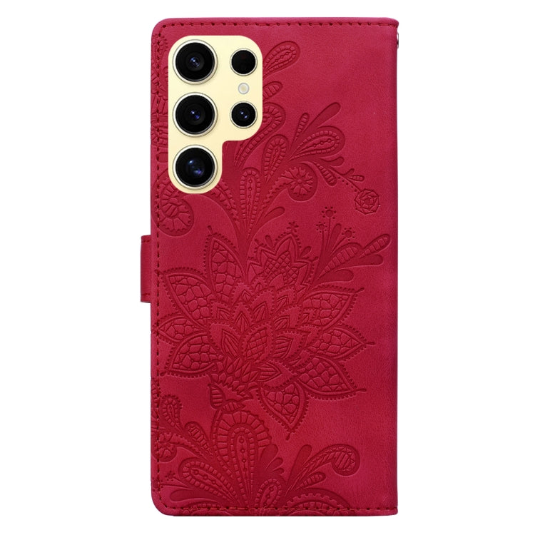 For Samsung Galaxy S24 Ultra 5G Lace Floral Embossed Magnetic Buckle PU Phone Case With Wrist Strap