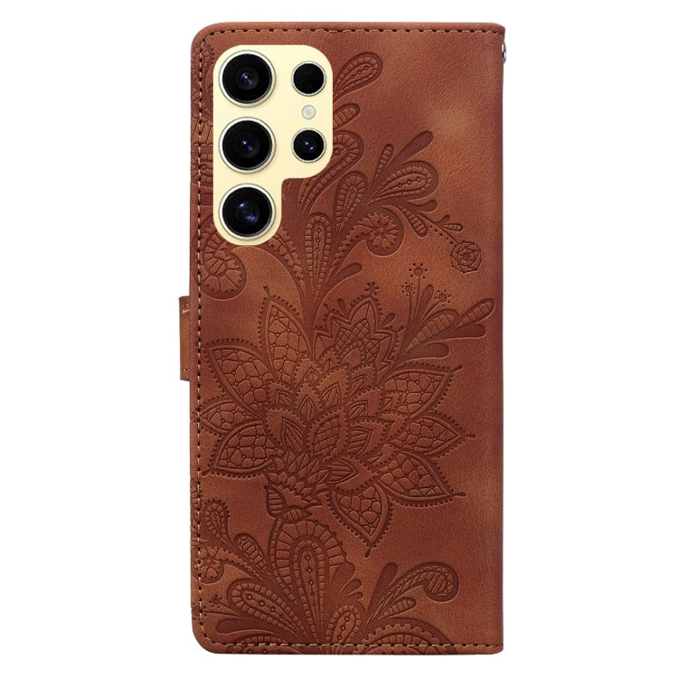 For Samsung Galaxy S24 Ultra 5G Lace Floral Embossed Magnetic Buckle PU Phone Case With Wrist Strap