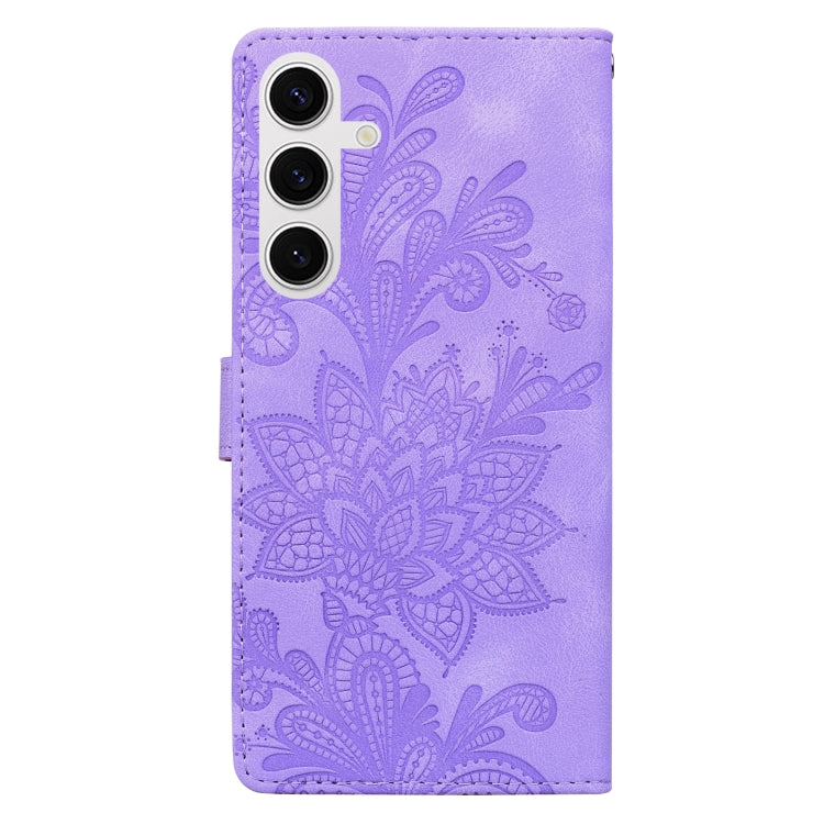 For Samsung Galaxy S25+ 5G Lace Floral Embossed Magnetic Buckle PU Phone Case With Wrist Strap