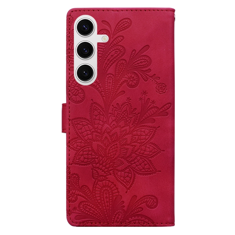 For Samsung Galaxy S25+ 5G Lace Floral Embossed Magnetic Buckle PU Phone Case With Wrist Strap