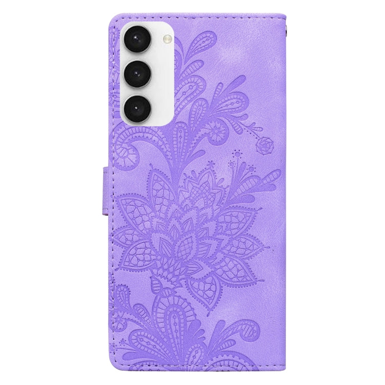 For Samsung Galaxy S23 5G Lace Floral Embossed Magnetic Buckle PU Phone Case With Wrist Strap