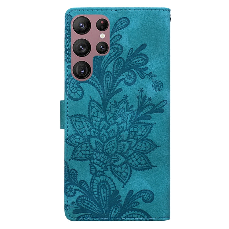 For Samsung Galaxy S22 Ultra 5G Lace Floral Embossed Magnetic Buckle PU Phone Case With Wrist Strap