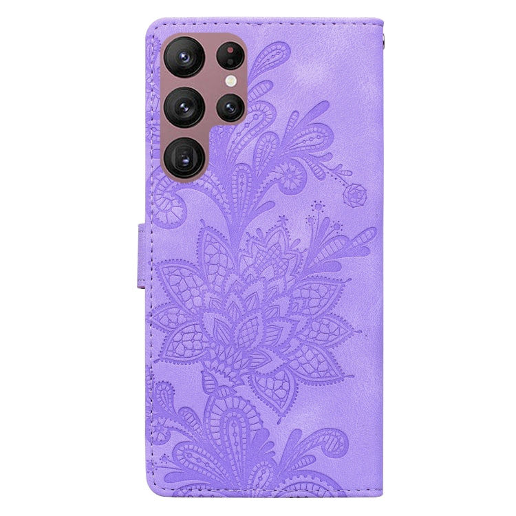 For Samsung Galaxy S22 Ultra 5G Lace Floral Embossed Magnetic Buckle PU Phone Case With Wrist Strap