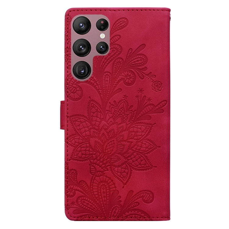 For Samsung Galaxy S22 Ultra 5G Lace Floral Embossed Magnetic Buckle PU Phone Case With Wrist Strap