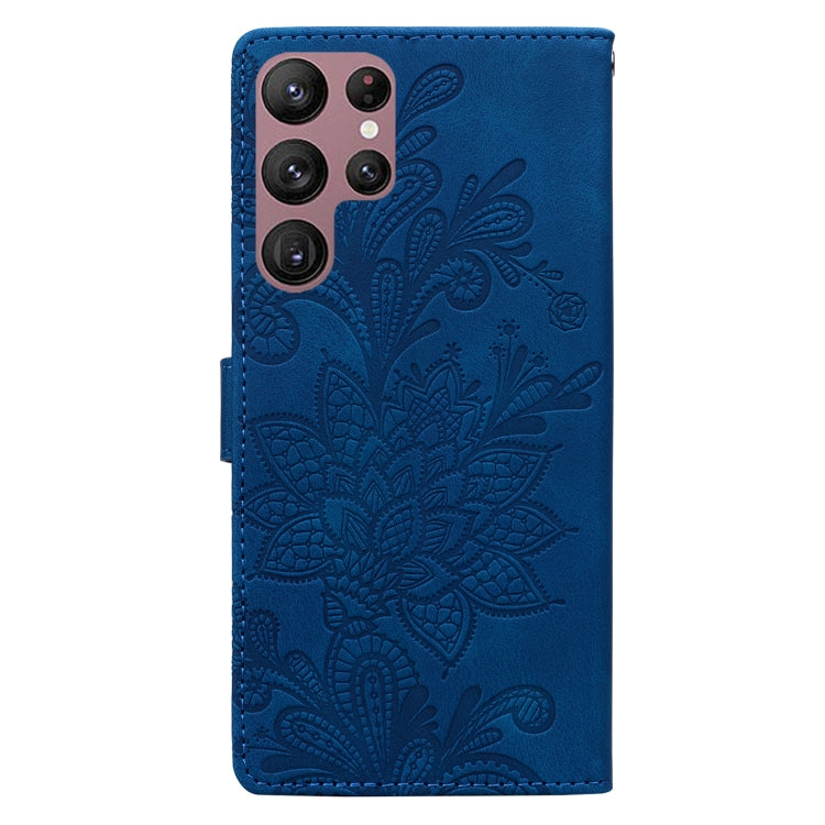 For Samsung Galaxy S22 Ultra 5G Lace Floral Embossed Magnetic Buckle PU Phone Case With Wrist Strap