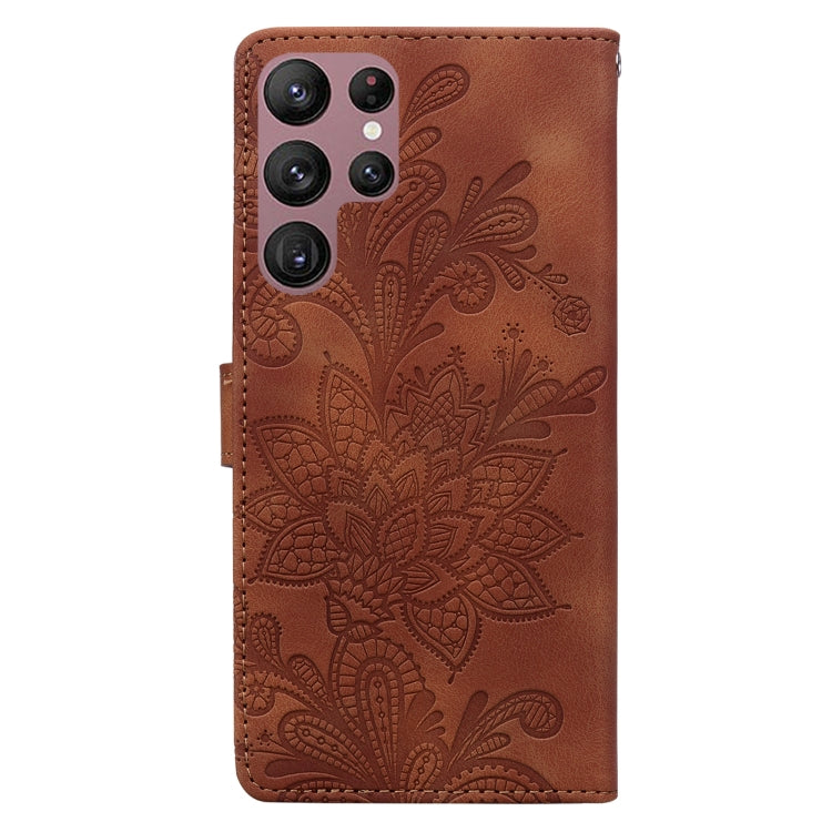 For Samsung Galaxy S22 Ultra 5G Lace Floral Embossed Magnetic Buckle PU Phone Case With Wrist Strap
