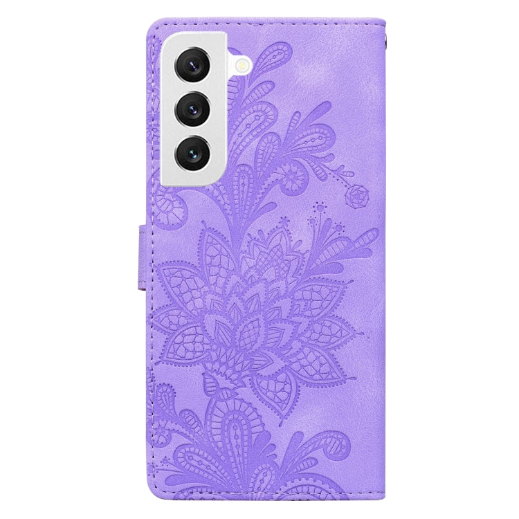 For Samsung Galaxy S22 5G Lace Floral Embossed Magnetic Buckle PU Phone Case With Wrist Strap