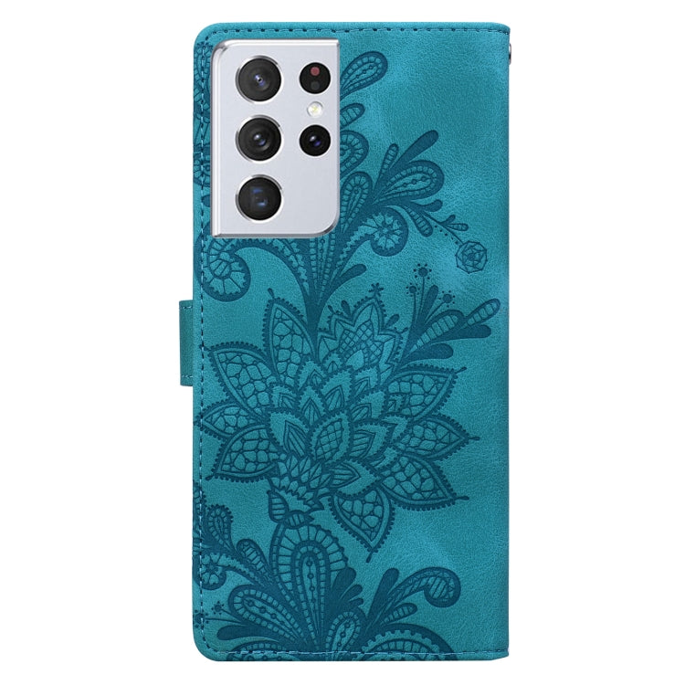 For Samsung Galaxy S21 Ultra 5G Lace Floral Embossed Magnetic Buckle PU Phone Case With Wrist Strap