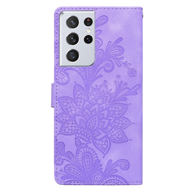 For Samsung Galaxy S21 Ultra 5G Lace Floral Embossed Magnetic Buckle PU Phone Case With Wrist Strap