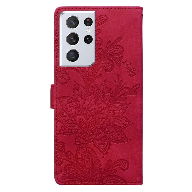 For Samsung Galaxy S21 Ultra 5G Lace Floral Embossed Magnetic Buckle PU Phone Case With Wrist Strap