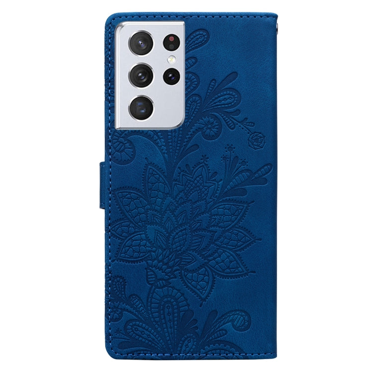 For Samsung Galaxy S21 Ultra 5G Lace Floral Embossed Magnetic Buckle PU Phone Case With Wrist Strap