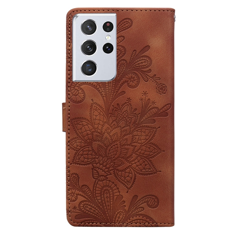 For Samsung Galaxy S21 Ultra 5G Lace Floral Embossed Magnetic Buckle PU Phone Case With Wrist Strap