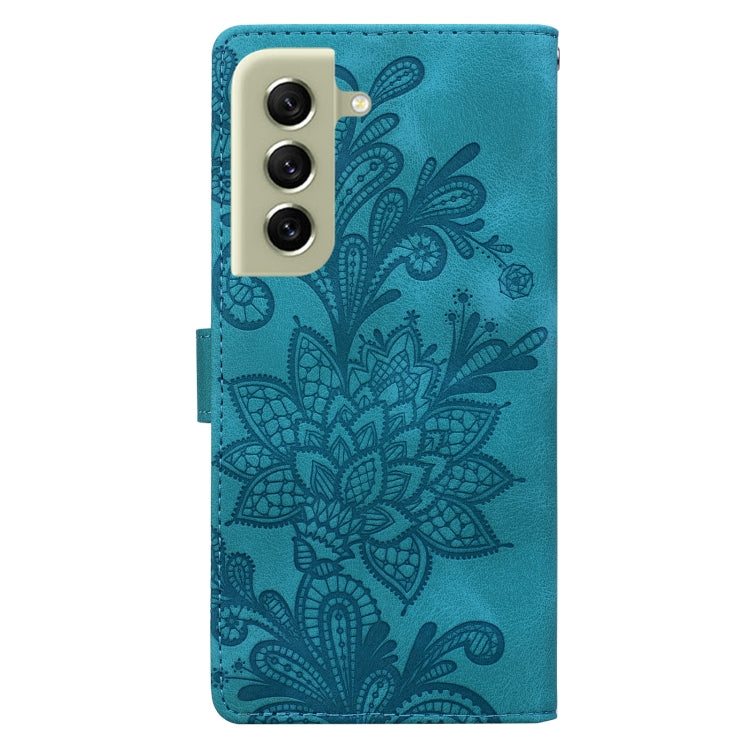 For Samsung Galaxy S21 FE 5G Lace Floral Embossed Magnetic Buckle PU Phone Case With Wrist Strap