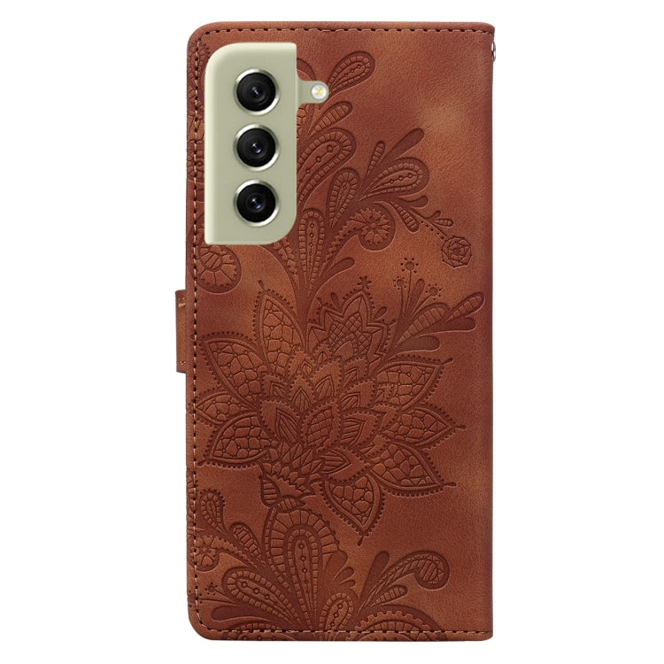 For Samsung Galaxy S21 FE 5G Lace Floral Embossed Magnetic Buckle PU Phone Case With Wrist Strap