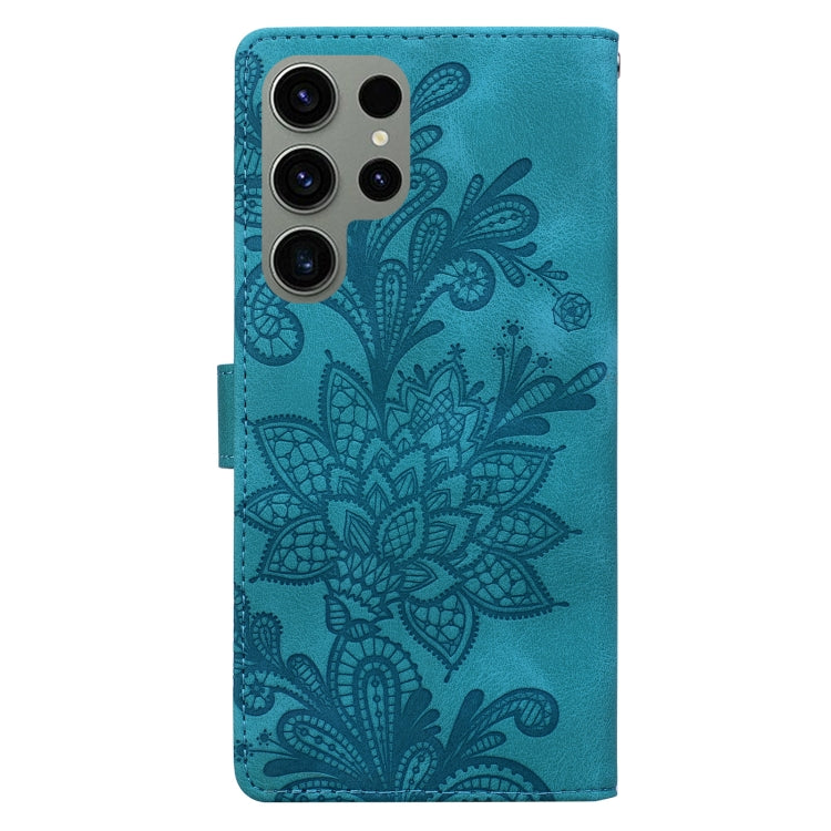 For Samsung Galaxy S23 Ultra 5G Lace Floral Embossed Magnetic Buckle PU Phone Case With Wrist Strap