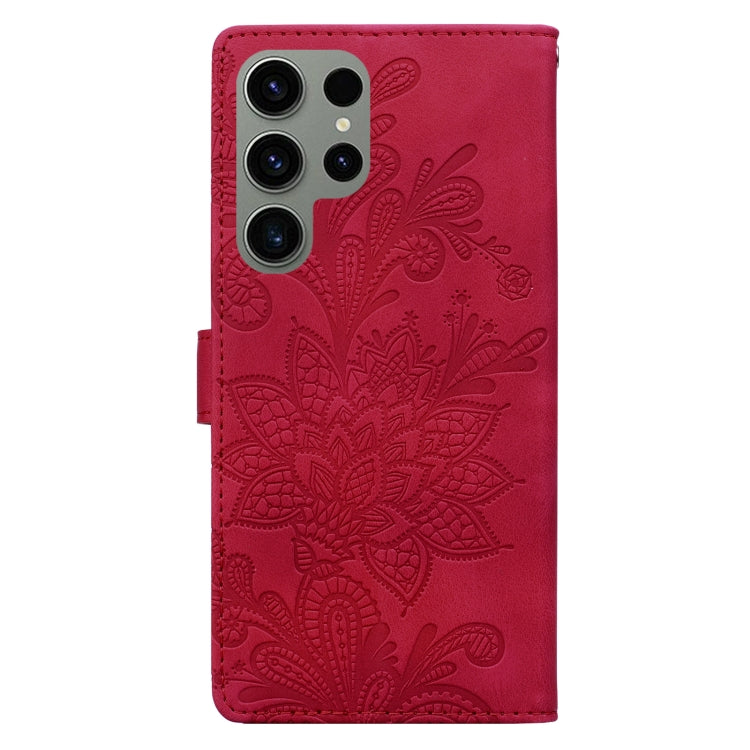 For Samsung Galaxy S23 Ultra 5G Lace Floral Embossed Magnetic Buckle PU Phone Case With Wrist Strap
