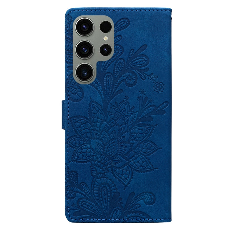 For Samsung Galaxy S23 Ultra 5G Lace Floral Embossed Magnetic Buckle PU Phone Case With Wrist Strap