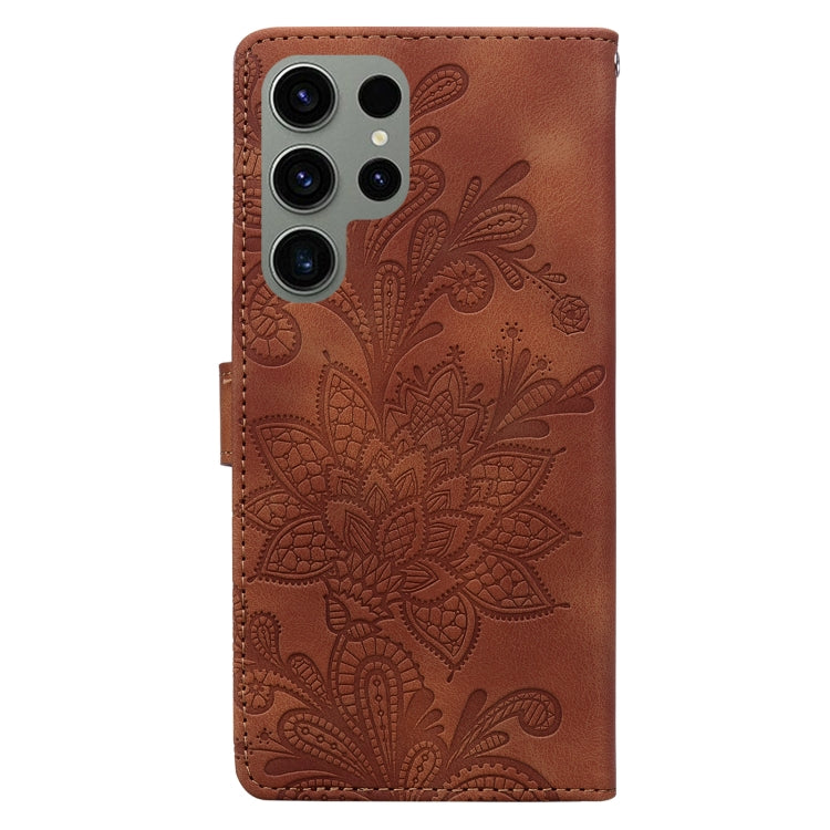 For Samsung Galaxy S23 Ultra 5G Lace Floral Embossed Magnetic Buckle PU Phone Case With Wrist Strap