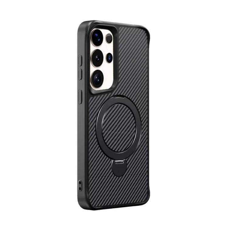 For Samsung Galaxy S25 Ultra 5G Carbon Fiber Texture 360 MagSafe Holder Phone Case